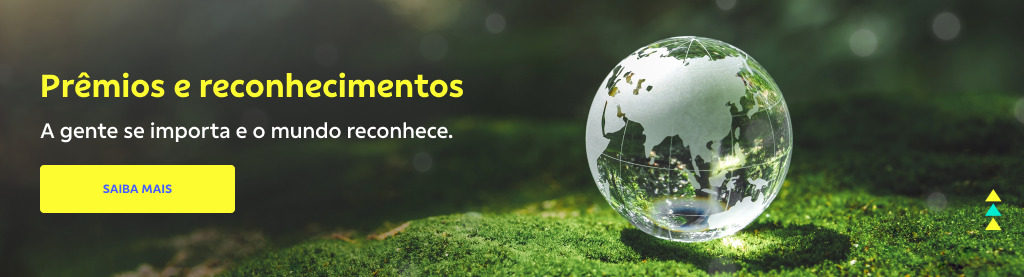 Imagem com fundo desfocado de vegetação verde e musgo. Em primeiro plano, no lado direito, há um globo de vidro transparente com o mapa-múndi gravado, refletindo a luz. À esquerda, texto em amarelo: "Prêmios e reconhecimentos". Abaixo, em branco: "A gente se importa e o mundo reconhece". Há um botão amarelo com texto azul: "SAIBA MAIS".
