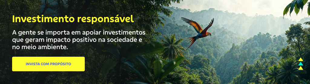 Imagem de uma floresta tropical densa, com montanhas ao fundo e céu parcialmente nublado. Um papagaio colorido (vermelho, azul e amarelo) voa em direção à direita. À esquerda, texto em amarelo: "Investimento responsável". Abaixo, em branco: "A gente se importa em apoiar investimentos que geram impacto positivo na sociedade e no meio ambiente". Há um botão amarelo com texto azul: "INVISTA COM PROPÓSITO".