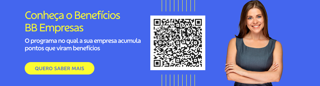 Banner com fundo azul. Mulher de braço cruzado do lado direito. No centro QRCode. Do lado esquerdo título:

Conheça o benefício BB empresas

O programa no qual a sua empresa acumula pontos que viram benefícios. 