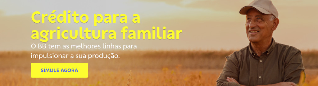 Banner com o campo no fundo. Do lado direito senhor de boné. Do lado esquerdo texto:

Crédito para a agricultura familiar

O BB tem as melhores linhas para impulsionar a sua produção. 

Botão: Simule agora