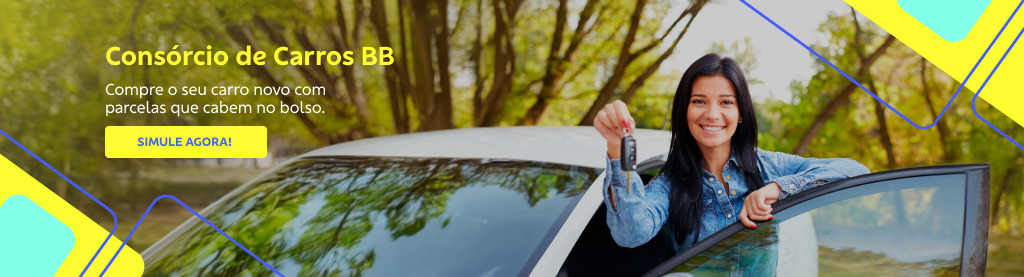 Banner com imagem de mulher de cabelo longo e preto com a porta do carro aberta segurando a chave do veículo. Do lado esquerdo texto:

Consórcio de Carros BB 

Compre o seu carro novo com parcelas que cabem no bolso. 

Botão: Simule agora!