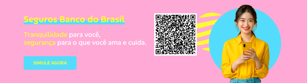 Banner com fundo rosa, mulher oriental com celular na mão do lado direito. No centro QRCode. Do lado esquerdo texto: 

Tranquilidade para você, segurança para o que você ama e cuida.  

Botão: Simule agora