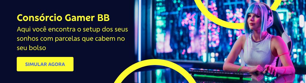 Banner com imagem de mulher gerada com IA usando o computador. Ela tem cabelo curto azul e blusa sem manga branca. No fundo há luzes neon. Do lado esquerdo fundo azul escuro com texto.
Consórcio Gamer BB
Aqui você encontra o setup dos seus senhos com parcelas que cabem no seu bolso.
Botão: Simular agora