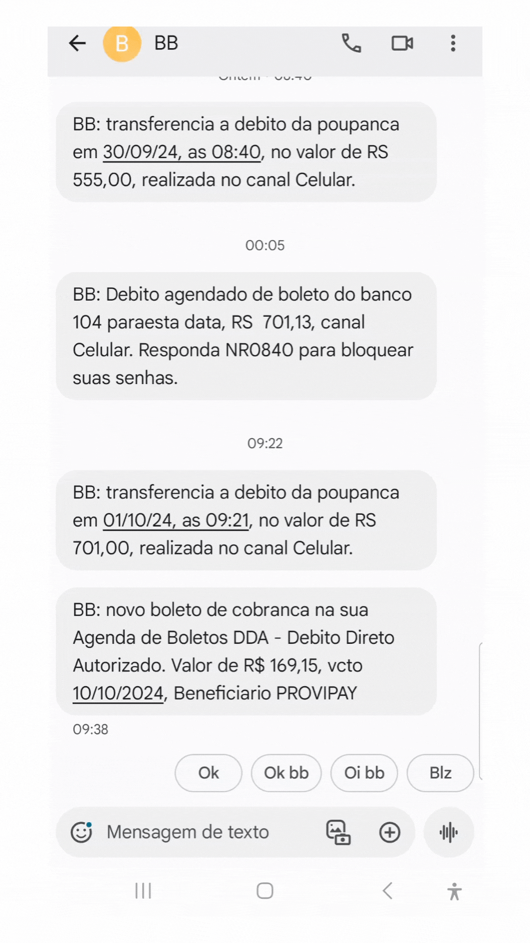 Gif com passo a passo de como verificar o número que enviou o SMS. Nos três pontinhos do contato abre o menu com a palavra informações. Ao clicar nessa palavra, aparece embaixo do contato ou nome o número do remetente. No exemplo apresentado aparece o nome BB e número 4004-0001.