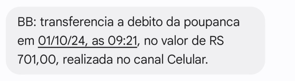exemplo de SMS para informar transação bancária