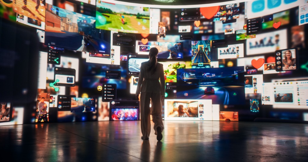 Mulher de frente para várias telas olha as interações nos ambientes digitais.