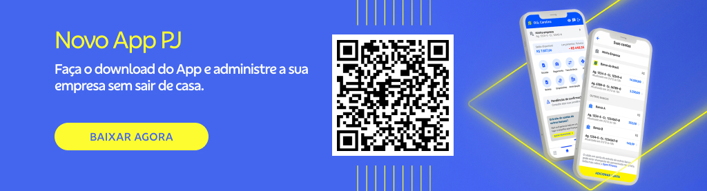 Banner retangular com fundo azul. À direita duas telas de celular com o App PJ. No meio um QR Code.

À esquerda o texto Novo App PJ

Faça o download do App e administre a sua empresa sem sair de casa.

Botão: Baixar agora