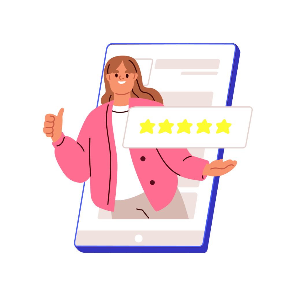 Mulher segura um cartão com cinco estrelas, enquanto sorri e faz um gesto positivo.