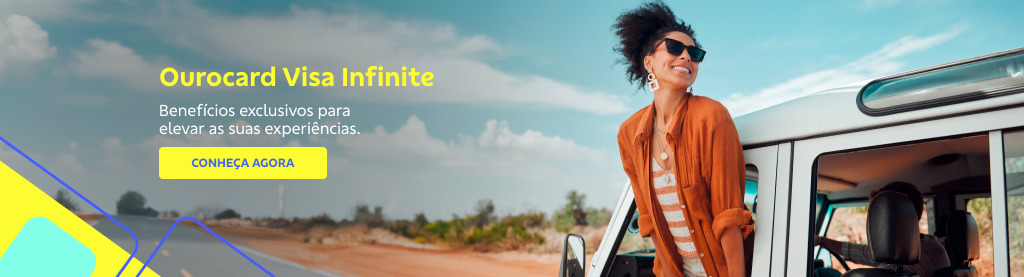 Imagem: Foto de uma mulher em um carro parado na beira de uma estrada com parte do corpo para fora da janela, sorrindo e aproveitando o verão porque tem Ourocard Visa Infinite. Texto: Ourocard Visa Infinite. Benefícios exclusivos para elevar as suas experiências. Botão: Conheça agora.