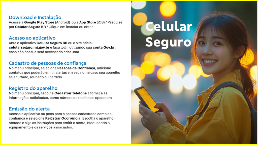 Download e Instalação
Acesse a Google Play Store (Android) ou a App Store (iOS) / Pesquise por Celular Seguro BR / Clique em instalar ou obter
Acesso ao aplicativo
Abra o aplicativo Celular Seguro BR ou o site oficial celularseguro.mj.gov.br e faça login utilizando sua conta Gov.br, caso não possua será necessário criar uma
Cadastro de pessoas de confiança
No menu principal, selecione Pessoas de Confiança, adicione contatos que poderão emitir alertas em seu nome caso seu aparelho seja furtado, roubado ou perdido
Registro do aparelho
No menu principal, escolha Cadastrar Telefone e forneça as informações solicitadas, como número de telefone e operadora
Emissão do alerta
Acesse o aplicativo ou peça para a pessoa cadastrada como de confiança e selecione Registrar Ocorrência. Escolha o aparelho afetado e siga as instruções para emitir o alerta, bloqueando o equipamento e os serviços associados.
