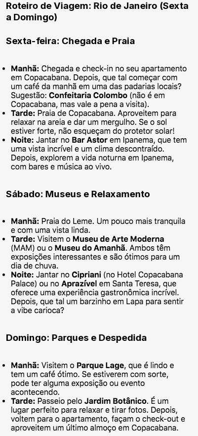 Imagem com roteiro de viagem criado pela IA Layla. Com roteiro de viagem para o Rio de Janeiro, de sexta a domingo.