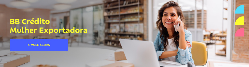 À direita uma mulher sorridente em um espaço de coworking, falando ao telefone e usando um laptop. Ela usa camisa jeans e uma blusa branca por baixo, tem cabelos longos e ondulados.
À esquerda o texto "BB Crédito Mulher Exportadora" 
botão 'Simule Agora' 