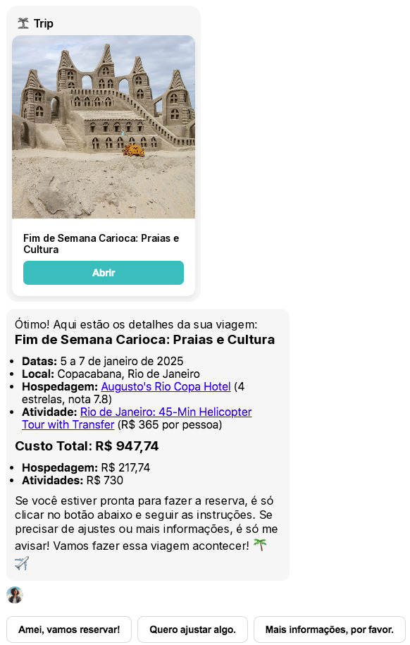 Imagem do cartão de viagem criado pela IA Layla, com data da viagem, local, hospedagem e custo total.