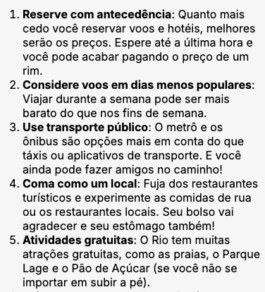 Imagem da IA Layla, com dicas de como economizar em uma viagem ao Rio de Janeiro.