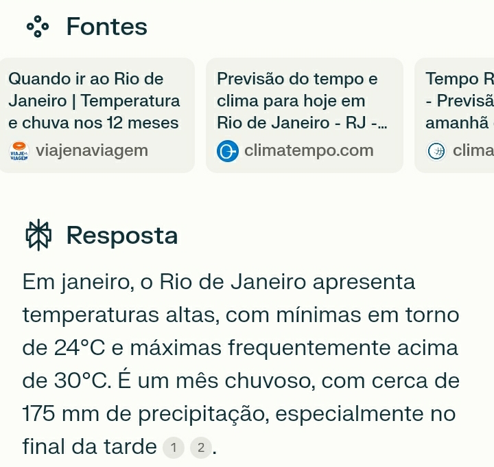 Imagem da IA Perplexy com previsão do tempo para o mês de janeiro no Rio de Janeiro.