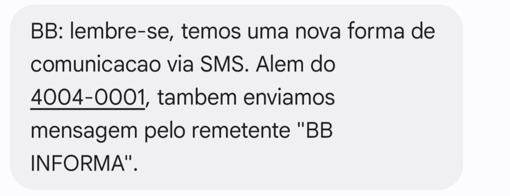 SMS para informar o novo contato do BB