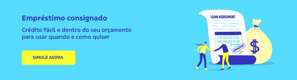Banner retangular com fundo azul claro. À esquerda, o texto: 'Empréstimo consignado. Crédito fácil e dentro do seu orçamento para usar quando e como quiser'. Abaixo do texto há um botão amarelo: 'Simule Agora'.
À direita, uma ilustração mostra duas pessoas felizes, segurando um contrato.