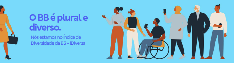 Ilustração colorida sobre fundo azul. À esquerda, o texto em azul diz: 'O BB é plural e diverso. Nós estamos no Índice de Diversidade da B3 – IDiversa'. À direita, aparecem seis pessoas diversas conversando.