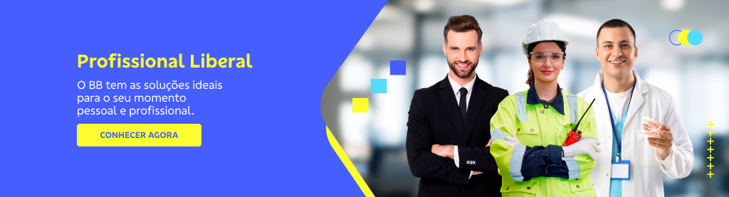 Banner Banco do Brasil com fundo azul. À esquerda, texto em amarelo diz: 'Profissional Liberal. O BB tem as soluções ideais para o seu momento pessoal e profissional.' Abaixo, botão amarelo com texto em azul: CONHECER AGORA. À direita, três profissionais sorridentes: um homem de terno, uma mulher de colete e capacete, e um homem de jaleco.