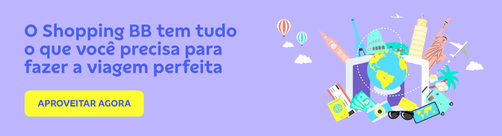 Banner retangular com fundo llilás, à direita a ilustração com vários pontos turísticos para aproveitar o verão, como Torre Eiffel, Big Ben, Estátua da Liberdade, Coliseu, Torre de Pisa, um globo terrestre e outras imagens que evocam viagem, como aviões, notas de dinheiro, cartão de crédito ourocard, passaporte, bilhete de viagem, mala, câmera fotográfica, celular e óculos de sol. Á esquerda o texto: O shopping BB tem tudo que o que você precisa para fazer a viagem perfeita. Botão: Aproveite agora. 