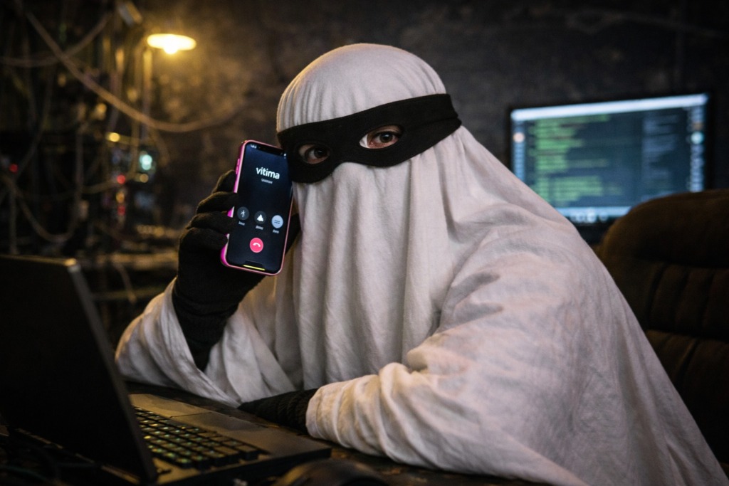 Pessoa vestida com um lençol branco, cobrindo todo o corpo, com uma faixa preta nos olhos, segurando um celular que mostra a palavra “vítima” na tela. A pessoa está sentada diante de um notebook, em um ambiente escuro com fios e monitores ao fundo.