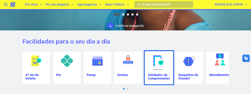 Menu de facilidades do Banco do Brasil com destaque para o Validador de Comprovantes.