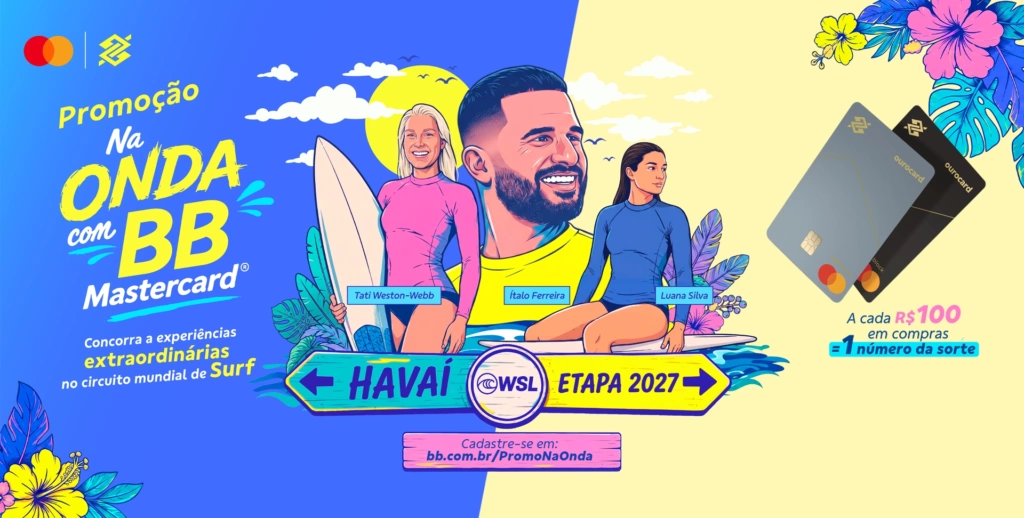 Promoção Na Onda com BB Mastercard oferece viagens para etapas da WSL e gera números da sorte a cada R$ 100 em compras.